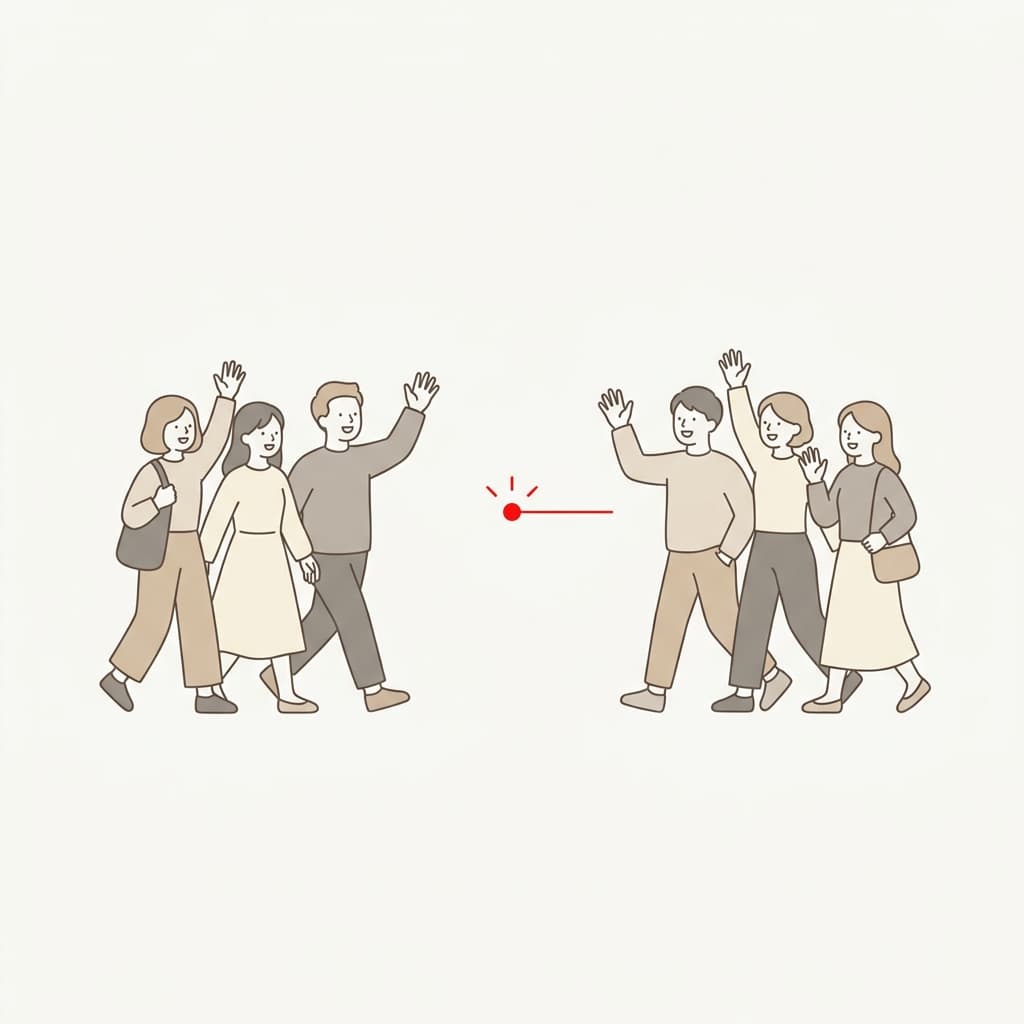 2つのグループが手を振り合って出会うイラスト