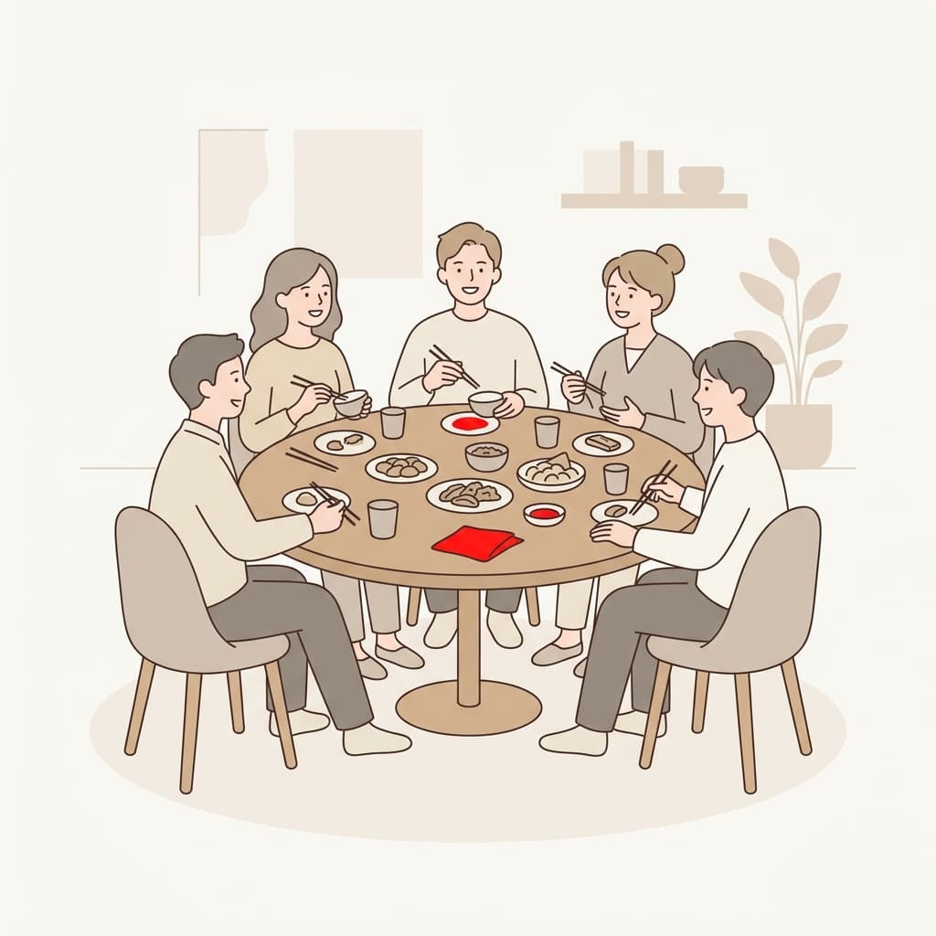 全員がそろって食卓を囲むイラスト
