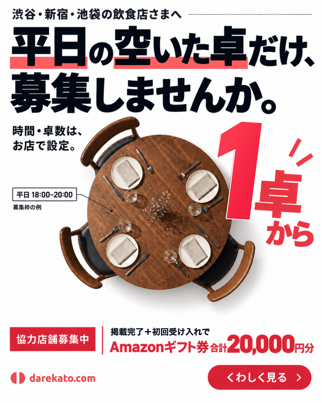 渋谷・新宿・池袋の飲食店さまへ。平日の空いた卓だけ、1卓から募集しませんか。時間・卓数はお店で設定。掲載完了と初回受け入れでAmazonギフト券合計20,000円分。くわしく見る。